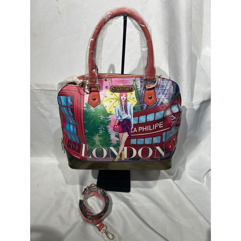 La Philipe London Graphic Print Satchel Handbag Red Crossbody Bag New